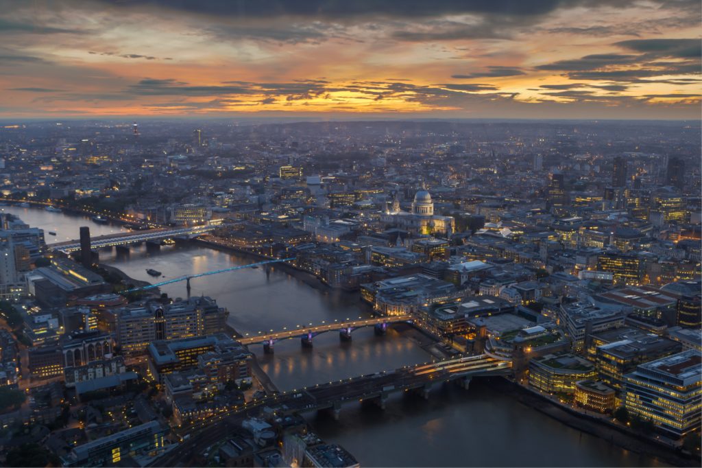 London at dawn from birdseye view