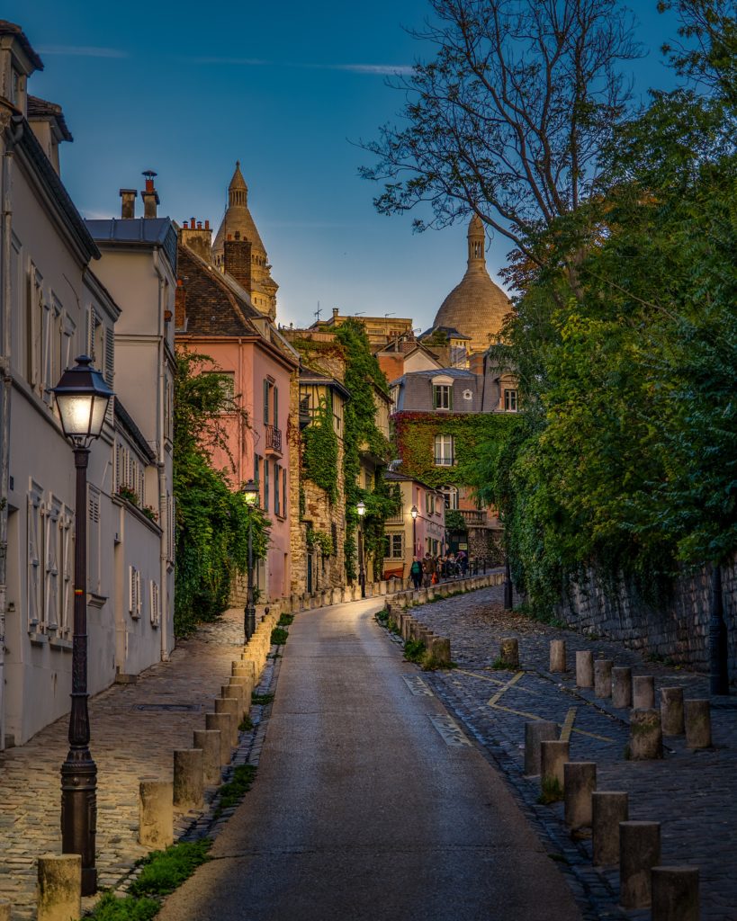 street near sacre coeur in paris sunset summer
