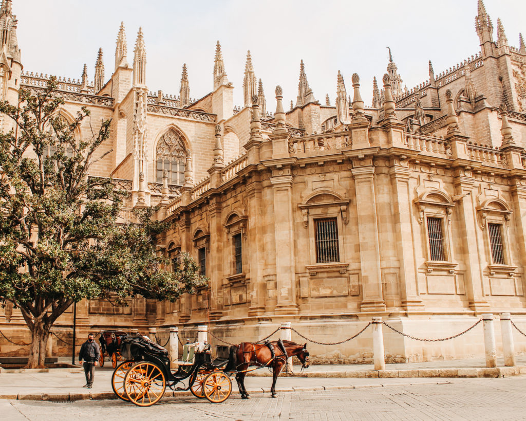 What to do in Seville: visit Seville Cathedral. A horse and carriage sit outside the Seville Cathedral. 