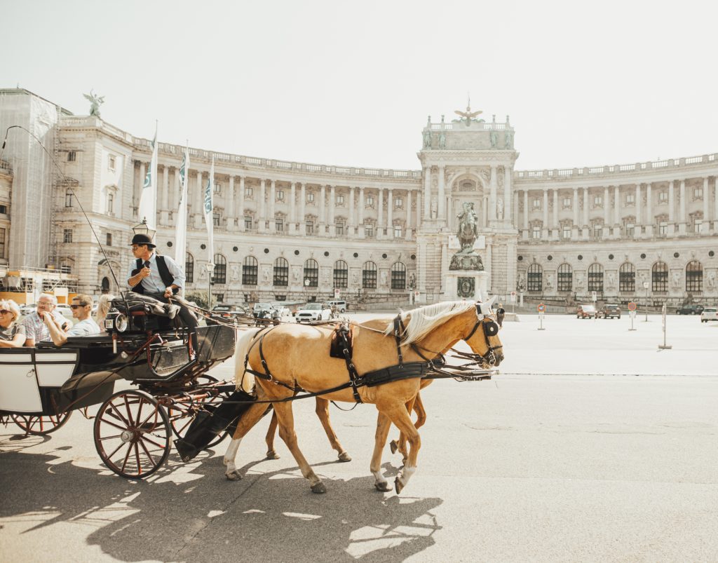 Horse carriage going acrooss sqaure in vienna modern picture old architecure